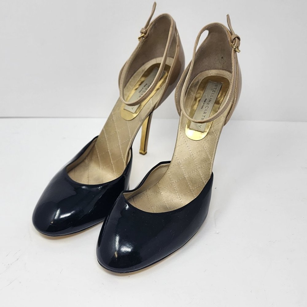 Stella McCartney Patent Black/Tan Ankle Strap Heels Women's Size 10 Narrow